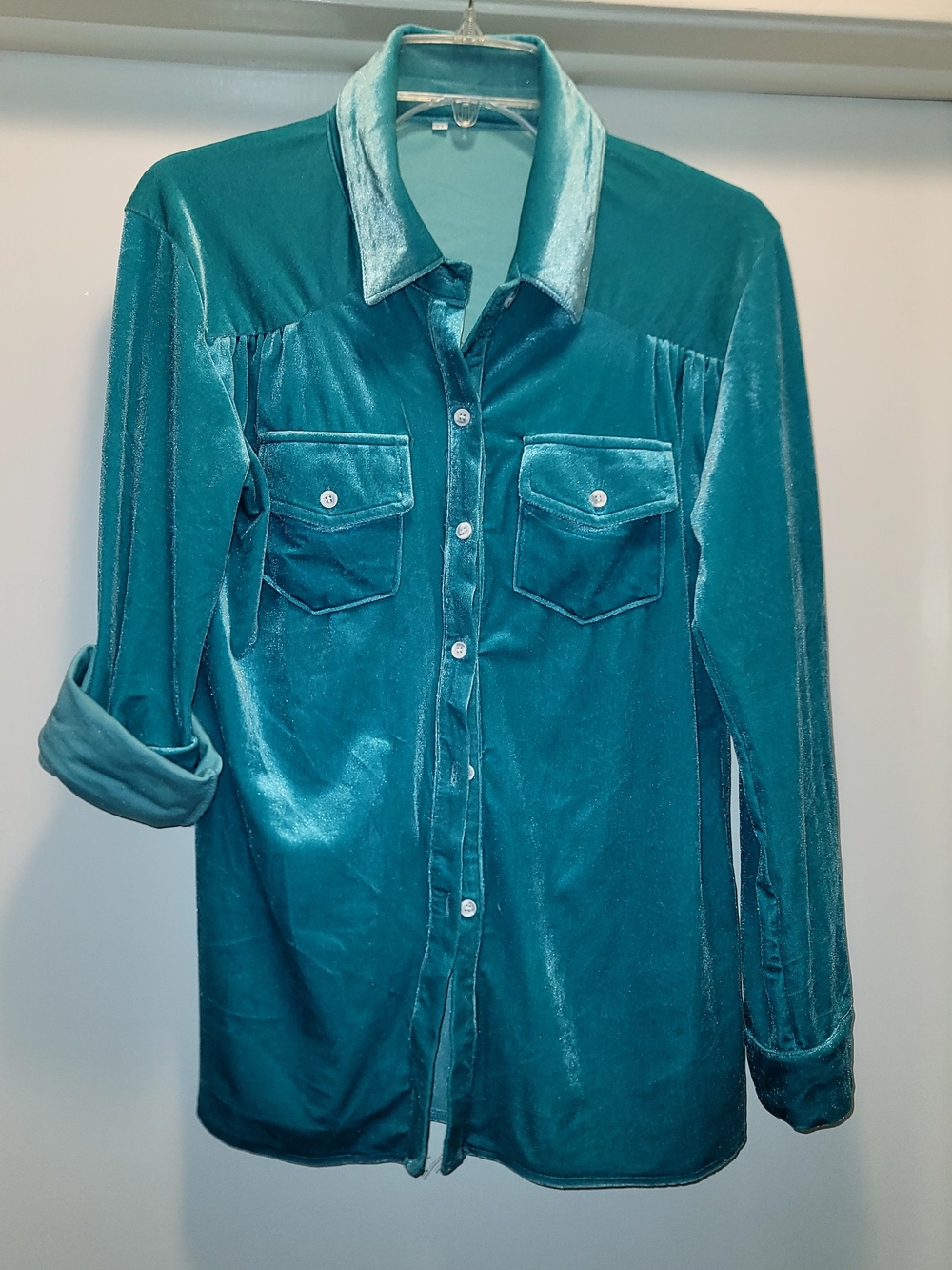 Velvety Button-Up Shirt in Teal